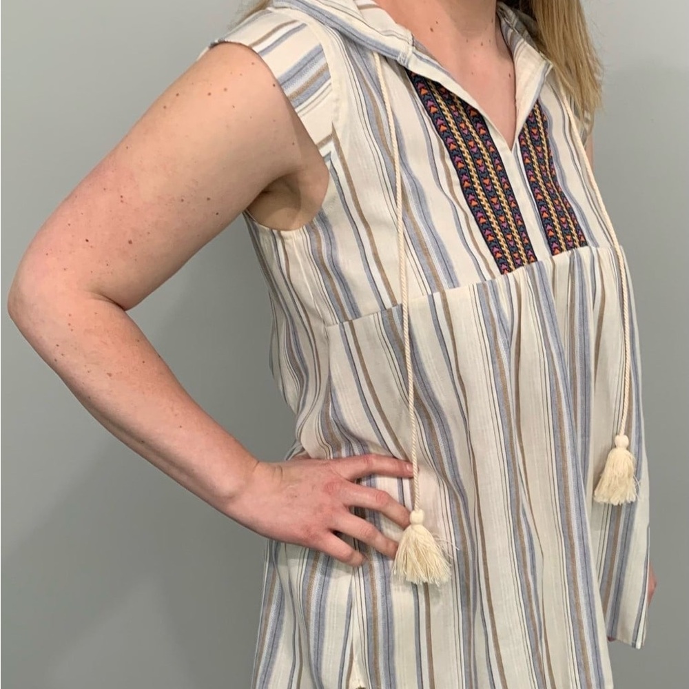 Striped Cap Sleeve Hooded Top with Tassels